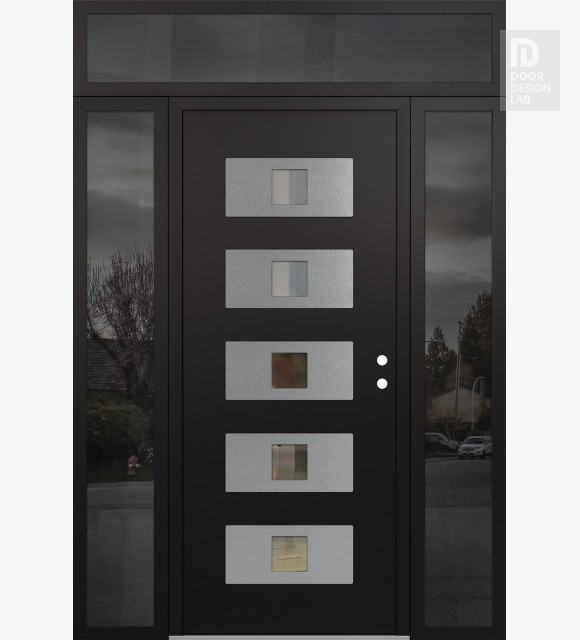 Modern Steel Front Door Diamond D8 64" x 96" black/black clear Glass Panel stainless steel LHI with 2 Sidelites and Transom mirrored Glass