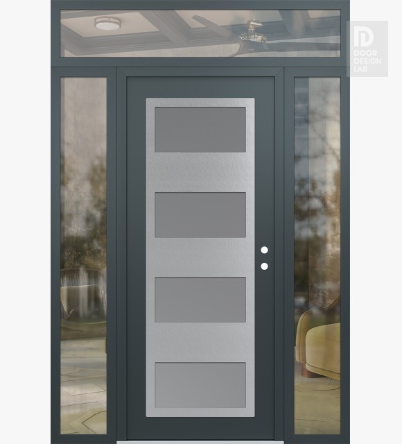 Modern Steel Front Door Diamond C2 60" x 96" anthracite/anthracite frosted Glass Panel stainless steel LHI with 2 Sidelites and Transom clear Glass