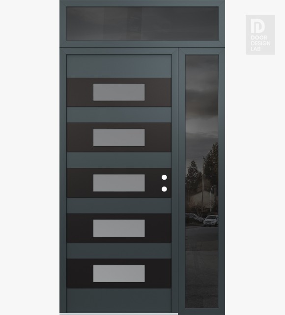 Modern Steel Front Door Diamond D5 48" x 96" anthracite/anthracite frosted Glass Panel black LHI with Sidelite and Transom mirrored Glass