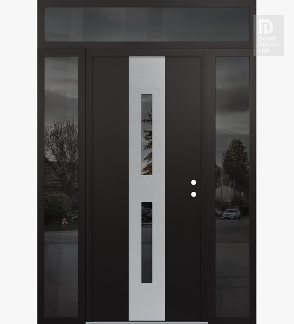 Modern Steel Front Door DIAMOND A6 64" X 96" BLACK/BLACK MIRRORED GLASS PANEL STAINLESS STEEL LHI WITH 2 SIDELITES AND TRANSOM MIRRORED GLASS