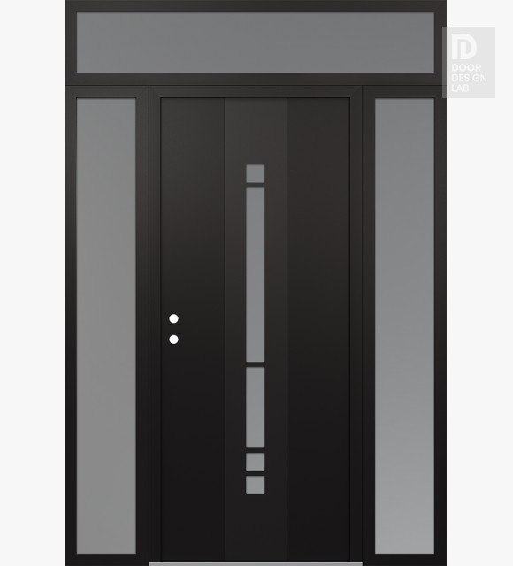 Modern Steel Front Door DIAMOND A3 60" X 96" BLACK/WHITE FROSTED GLASS PANEL BLACK RHI WITH 2 SIDELITES AND TRANSOM FROSTED GLASS