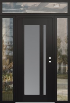 Diamond C15 64" x 96" black/white frosted Glass Panel black LHI with 2 Sidelites and Transom clear Glass