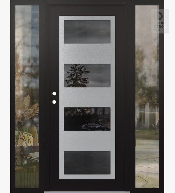 Modern Steel Front Door Diamond C2 60" x 80" black/black mirrored Glass Panel stainless steel RHI with 2 Sidelites clear Glass
