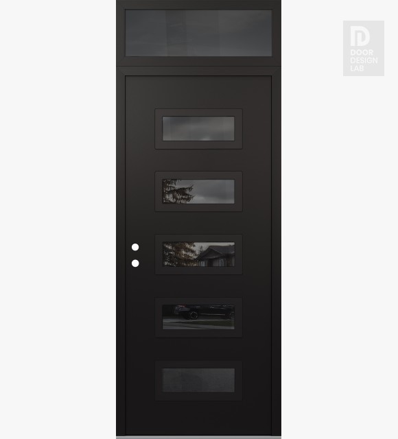 Modern Steel Front Door Diamond D1 36" x 96" black/black mirrored Glass Panel black RHI with Transom mirrored Glass