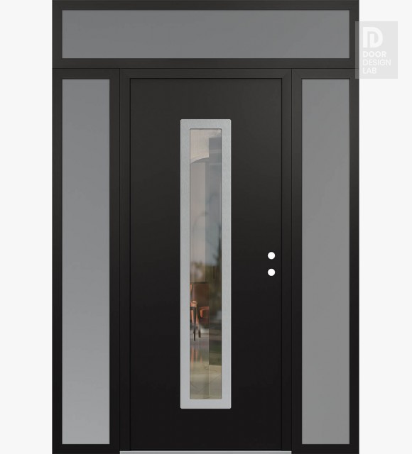 Modern Steel Front Door DIAMOND A11 64" X 96" BLACK/BLACK CLEAR GLASS PANEL STAINLESS STEEL LHI WITH 2 SIDELITES AND TRANSOM FROSTED GLASS