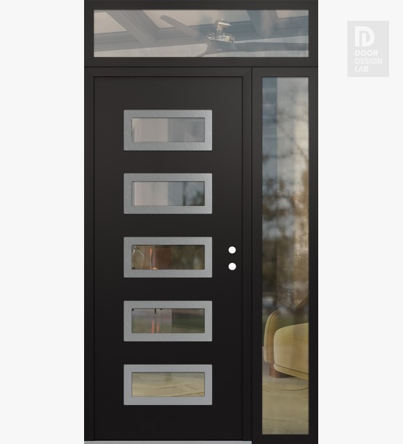Modern Steel Front Door Diamond D1 52" x 96" black/black clear Glass Panel stainless steel LHI with Sidelite and Transom clear Glass