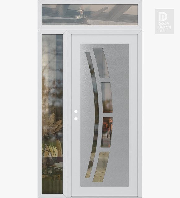 Modern Steel Front Door Diamond C12 48" x 96" white/white clear Glass Panel stainless steel RHI with Sidelite and Transom clear Glass
