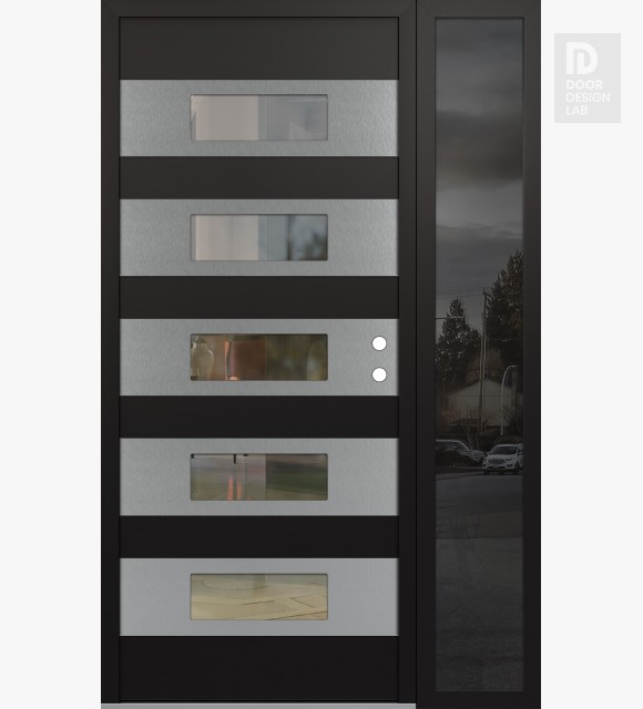 Modern Steel Front Door Diamond D5 50" x 80" black/black clear Glass Panel stainless steel LHI with Sidelite mirrored Glass
