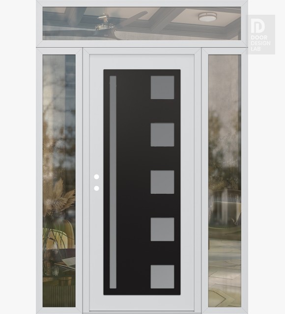 Modern Steel Front Door Diamond C3 60" x 96" white/white frosted Glass Panel black RHI with 2 Sidelites and Transom clear Glass
