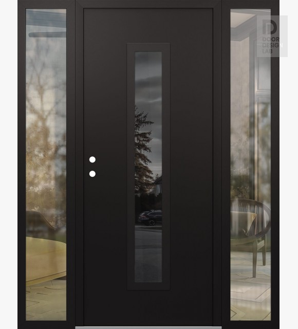 Modern Steel Front Door DIAMOND A11 68" X 80" BLACK/BLACK MIRRORED GLASS PANEL BLACK RHI WITH 2 SIDELITES CLEAR GLASS