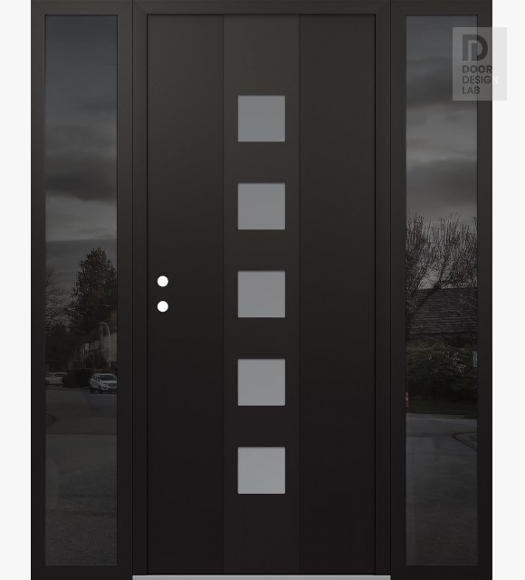 Modern Steel Front Door DIAMOND A13 60" X 80" BLACK/WHITE FROSTED GLASS PANEL BLACK RHI WITH 2 SIDELITES MIRRORED GLASS