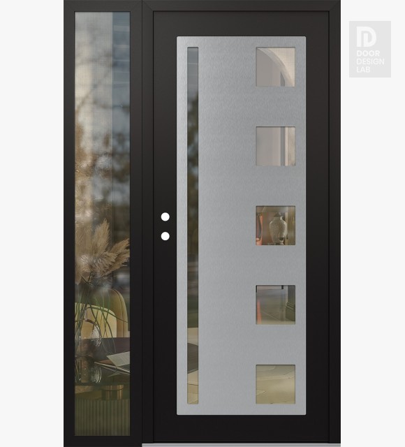 Modern Steel Front Door Diamond C3 50" x 80" black/black clear Glass Panel stainless steel RHI with Sidelite clear Glass