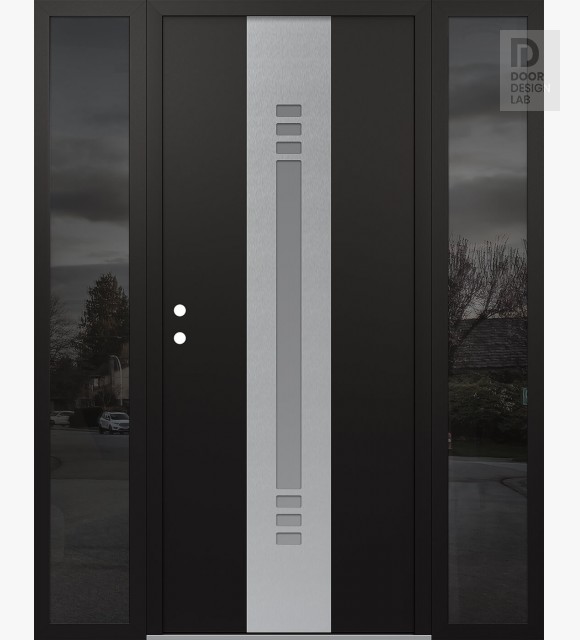 Modern Steel Front Door DIAMOND A5 68" X 80" BLACK/WHITE FROSTED GLASS PANEL STAINLESS STEEL RHI WITH 2 SIDELITES MIRRORED GLASS