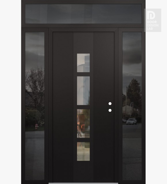 Modern Steel Front Door DIAMOND A10 60" X 96" BLACK/BLACK CLEAR GLASS PANEL BLACK LHI WITH 2 SIDELITES AND TRANSOM MIRRORED GLASS