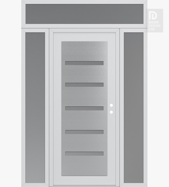Modern Steel Front Door Diamond C7 60" x 96" white/white frosted Glass Panel stainless steel LHI with 2 Sidelites and Transom frosted Glass