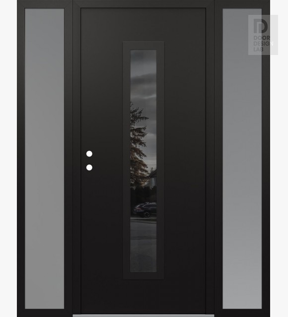 Modern Steel Front Door DIAMOND A11 68" X 80" BLACK/BLACK MIRRORED GLASS PANEL BLACK RHI WITH 2 SIDELITES FROSTED GLASS