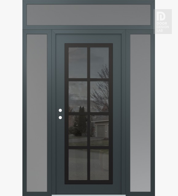 Modern Steel Front Door Diamond C16 64" x 96" anthracite/anthracite mirrored Glass Panel black RHI with 2 Sidelites and Transom frosted Glass