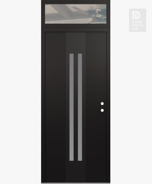 Modern Steel Front Door DIAMOND A8 36" X 96" BLACK/WHITE FROSTED GLASS PANEL BLACK LHI WITH TRANSOM CLEAR GLASS