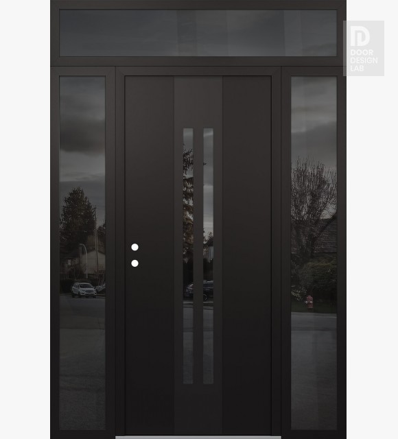 Modern Steel Front Door DIAMOND A8 64" X 96" BLACK/BLACK MIRRORED GLASS PANEL BLACK RHI WITH 2 SIDELITES AND TRANSOM MIRRORED GLASS