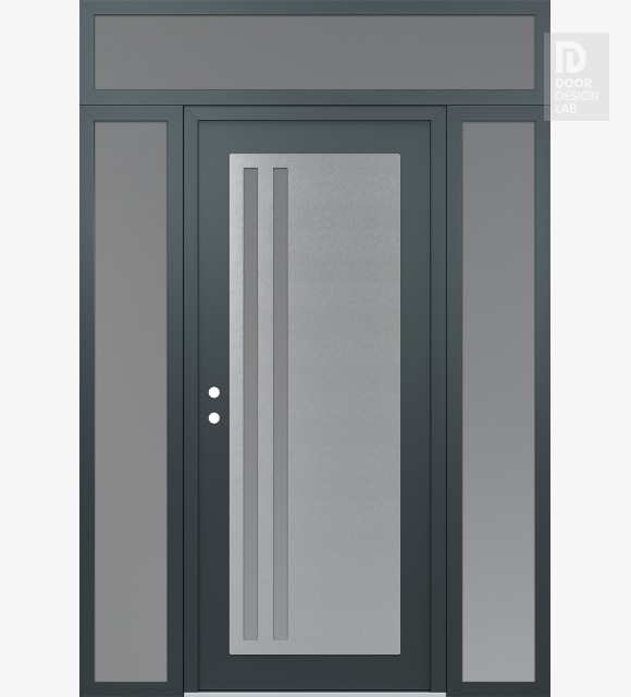 Modern Steel Front Door Diamond C6 60" x 96" anthracite/anthracite frosted Glass Panel stainless steel RHI with 2 Sidelites and Transom frosted Glass