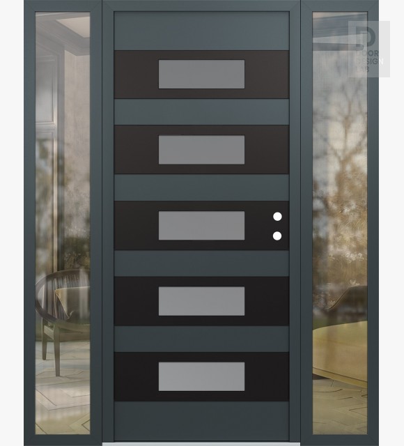 Modern Steel Front Door Diamond D5 68" x 80" anthracite/anthracite frosted Glass Panel black LHI with 2 Sidelites clear Glass