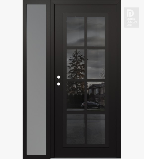 Modern Steel Front Door Diamond C16 52" x 80" black/black mirrored Glass Panel black RHI with Sidelite frosted Glass