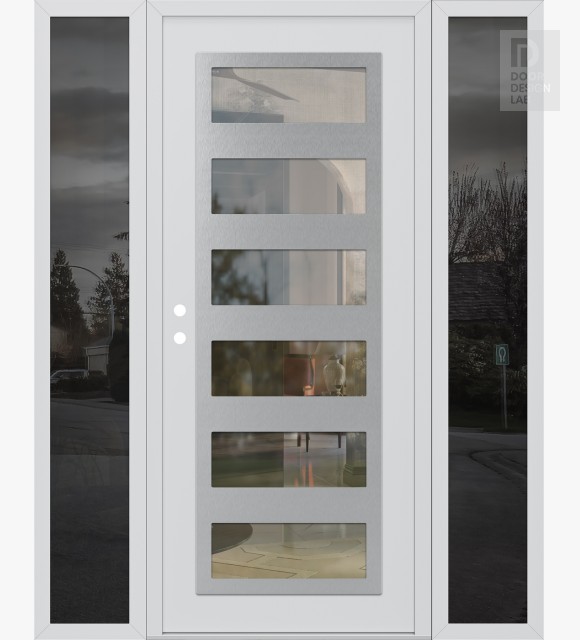 Modern Steel Front Door Diamond C9 68" x 80" white/white clear Glass Panel stainless steel RHI with 2 Sidelites mirrored Glass