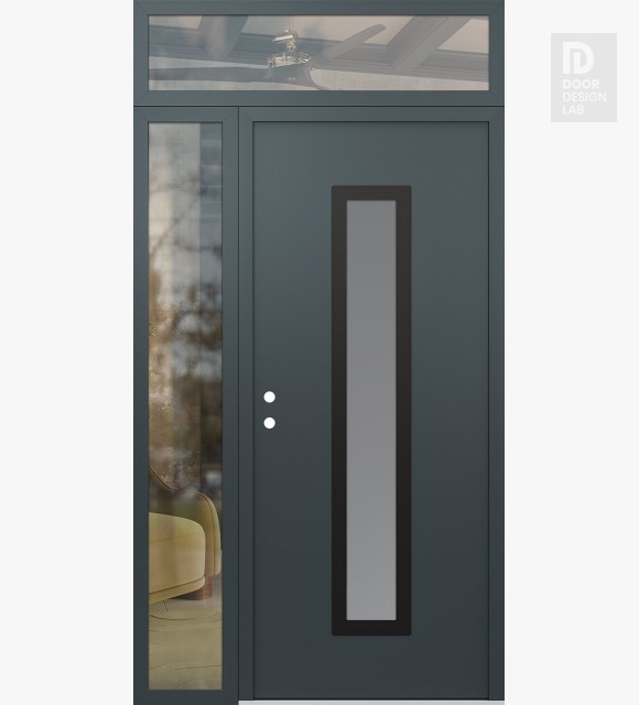Modern Steel Front Door DIAMOND A11 48" X 96" ANTHRACITE/ANTHRACITE FROSTED GLASS PANEL BLACK RHI WITH SIDELITE AND TRANSOM CLEAR GLASS