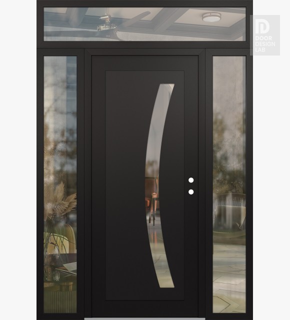 Modern Steel Front Door Diamond C4 64" x 96" black/black clear Glass Panel black LHI with 2 Sidelites and Transom clear Glass