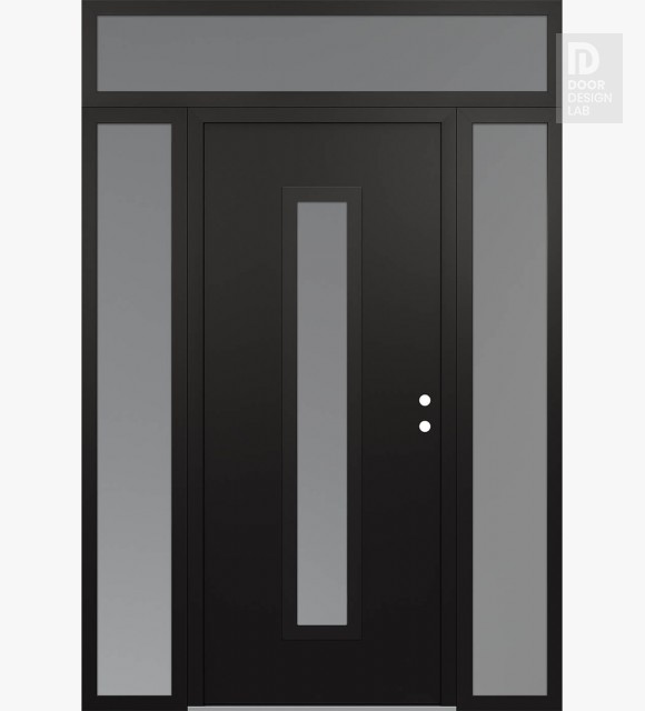 Modern Steel Front Door DIAMOND A11 64" X 96" BLACK/WHITE FROSTED GLASS PANEL BLACK LHI WITH 2 SIDELITES AND TRANSOM FROSTED GLASS