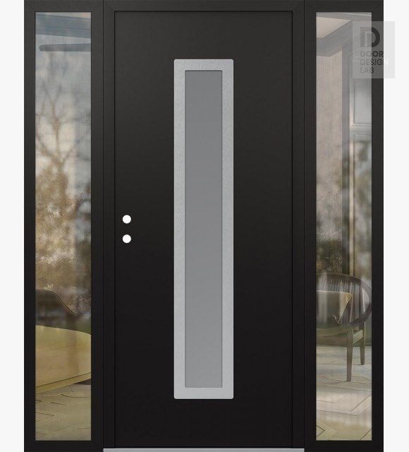 Modern Steel Front Door DIAMOND A11 64" X 80" BLACK/WHITE FROSTED GLASS PANEL STAINLESS STEEL RHI WITH 2 SIDELITES CLEAR GLASS