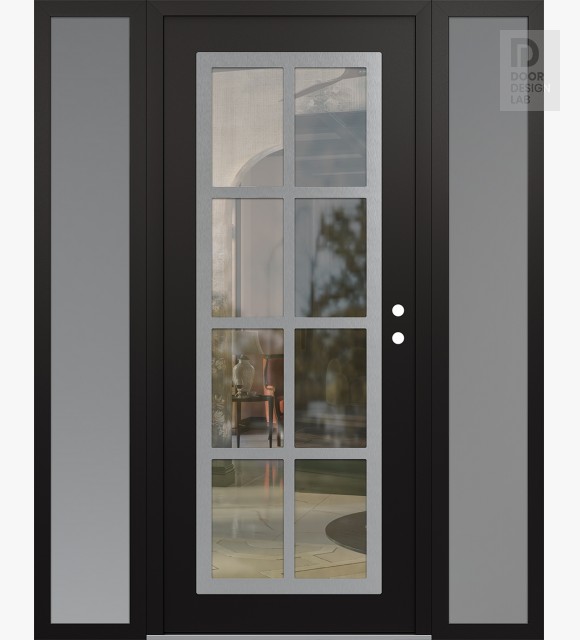 Modern Steel Front Door Diamond C16 68" x 80" black/black clear Glass Panel stainless steel LHI with 2 Sidelites frosted Glass
