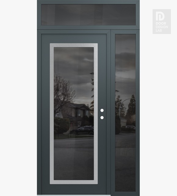 Modern Steel Front Door Diamond C1 48" x 96" anthracite/anthracite mirrored Glass Panel stainless steel LHI with Sidelite and Transom mirrored Glass