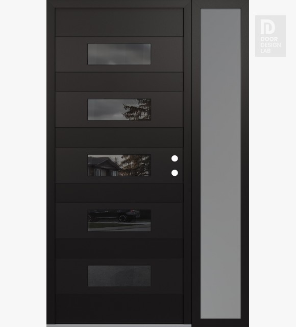 Modern Steel Front Door Diamond D5 52" x 80" black/black mirrored Glass Panel black LHI with Sidelite frosted Glass
