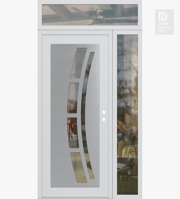 Modern Steel Front Door Diamond C12 52" x 96" white/white clear Glass Panel stainless steel LHI with Sidelite and Transom clear Glass