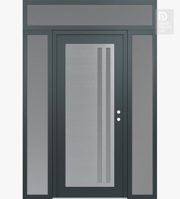 Modern Steel Front Door Diamond C6 64" x 96" anthracite/anthracite frosted Glass Panel stainless steel LHI with 2 Sidelites and Transom frosted Glass