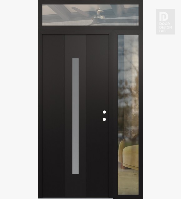 Modern Steel Front Door DIAMOND A2 50" X 96" BLACK/WHITE FROSTED GLASS PANEL BLACK LHI WITH SIDELITE AND TRANSOM CLEAR GLASS