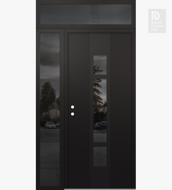 Modern Steel Front Door DIAMOND A9 52" X 96" BLACK/BLACK MIRRORED GLASS PANEL BLACK RHI WITH SIDELITE AND TRANSOM MIRRORED GLASS