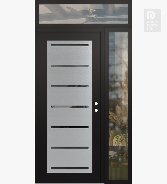 Modern Steel Front Door Diamond C11 52" x 96" black/black mirrored Glass Panel stainless steel LHI with Sidelite and Transom clear Glass