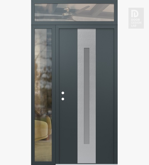 Modern Steel Front Door DIAMOND A2 52" X 96" ANTHRACITE/ANTHRACITE FROSTED GLASS PANEL STAINLESS STEEL RHI WITH SIDELITE AND TRANSOM CLEAR GLASS