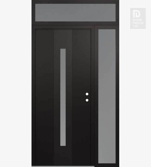 Modern Steel Front Door DIAMOND A2 52" X 96" BLACK/WHITE FROSTED GLASS PANEL BLACK LHI WITH SIDELITE AND TRANSOM FROSTED GLASS