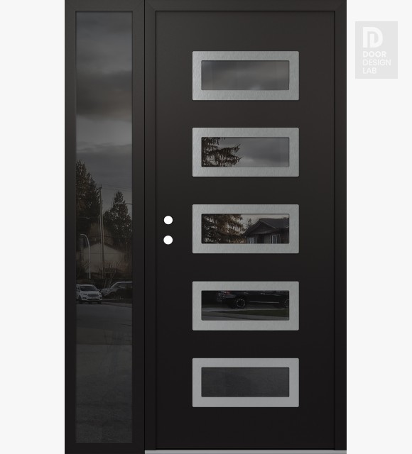 Modern Steel Front Door Diamond D1 50" x 80" black/black mirrored Glass Panel stainless steel RHI with Sidelite mirrored Glass