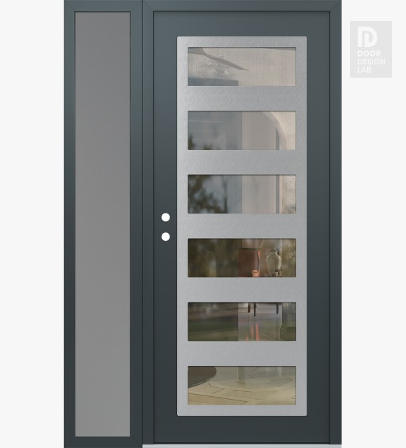 Modern Steel Front Door Diamond C9 52" x 80" anthracite/anthracite clear Glass Panel stainless steel RHI with Sidelite frosted Glass