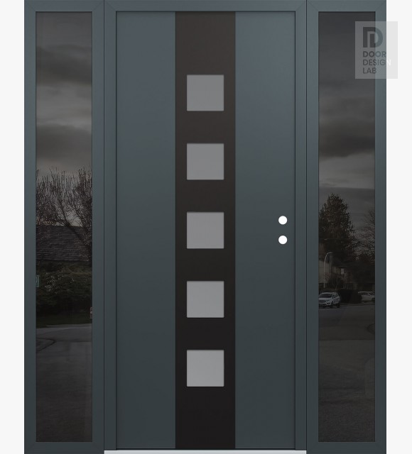 Modern Steel Front Door DIAMOND A13 60" X 80" ANTHRACITE/ANTHRACITE FROSTED GLASS PANEL BLACK LHI WITH 2 SIDELITES MIRRORED GLASS