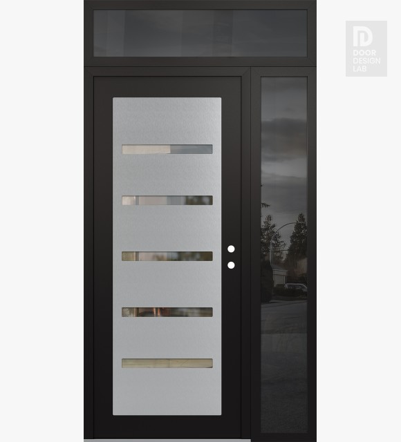 Modern Steel Front Door Diamond C7 52" x 96" black/black clear Glass Panel stainless steel LHI with Sidelite and Transom mirrored Glass