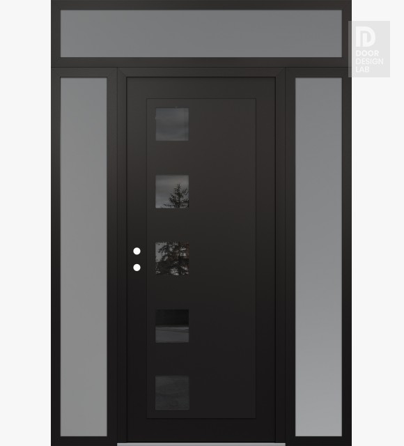Modern Steel Front Door Diamond C5 68" x 96" black/black mirrored Glass Panel black RHI with 2 Sidelites and Transom frosted Glass