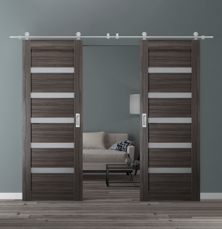 DOUBLE BARN DOOR LEORA VETRO GRAY OAK 48" X 80" X 1 9/16" STAINLESS STEEL HARDWARE