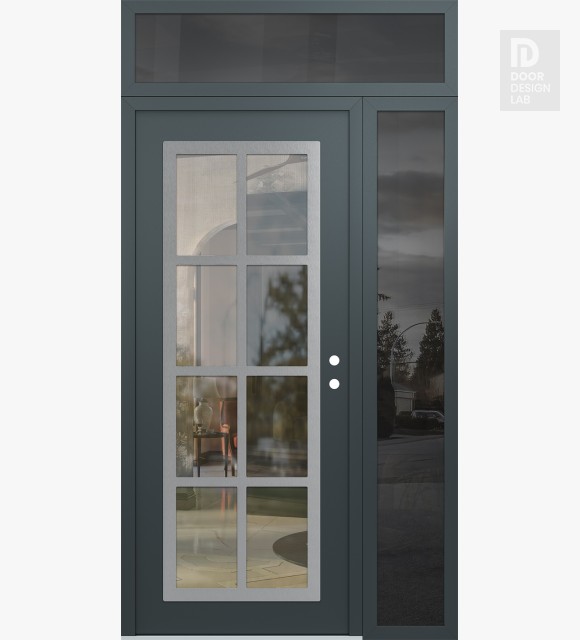 Modern Steel Front Door Diamond C16 48" x 96" anthracite/anthracite clear Glass Panel stainless steel LHI with Sidelite and Transom mirrored Glass