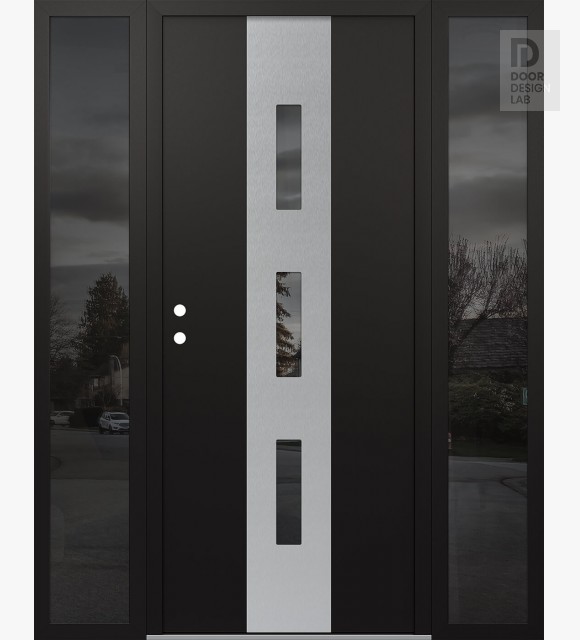 Modern Steel Front Door DIAMOND A7 60" X 80" BLACK/BLACK MIRRORED GLASS PANEL STAINLESS STEEL RHI WITH 2 SIDELITES MIRRORED GLASS