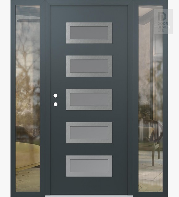 Modern Steel Front Door Diamond D1 64" x 80" anthracite/anthracite frosted Glass Panel stainless steel RHI with 2 Sidelites clear Glass